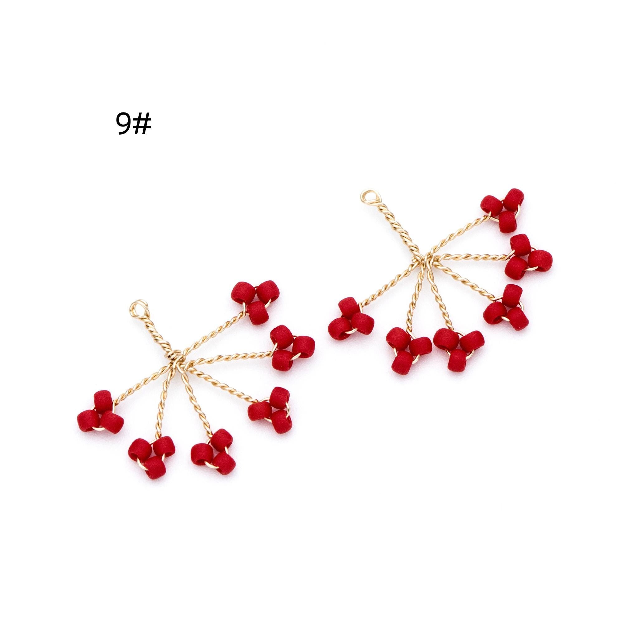 10pcs Handmade Beaded Flower Charms, Wired Branch Tassel Pendants 17x19mm, Glass Seed Beads (FB-055)